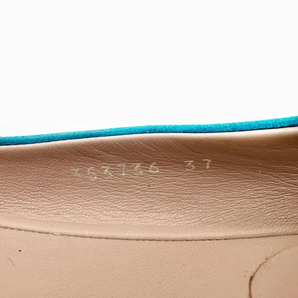 GUCCI Interlocking Crystal GG Ballet Flat Size 37 US 7 Teal Blue Suede